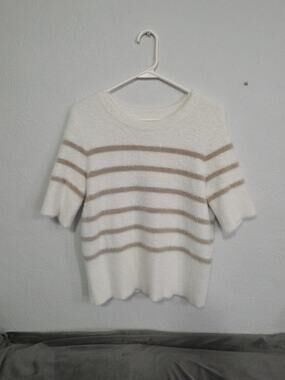 Bailey 44 Fuzzy Soft White Sweater Blouse With Tan Stripes Short Sleeve Size M